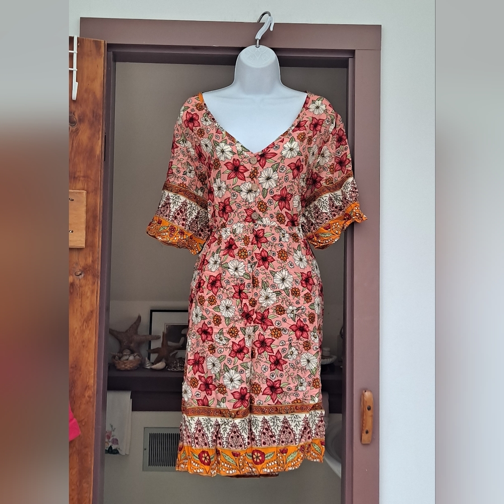YOINS Floral Midi PLUS SIZE Dress Flutter Sleeve Pink Orange Empire Waist V-neck